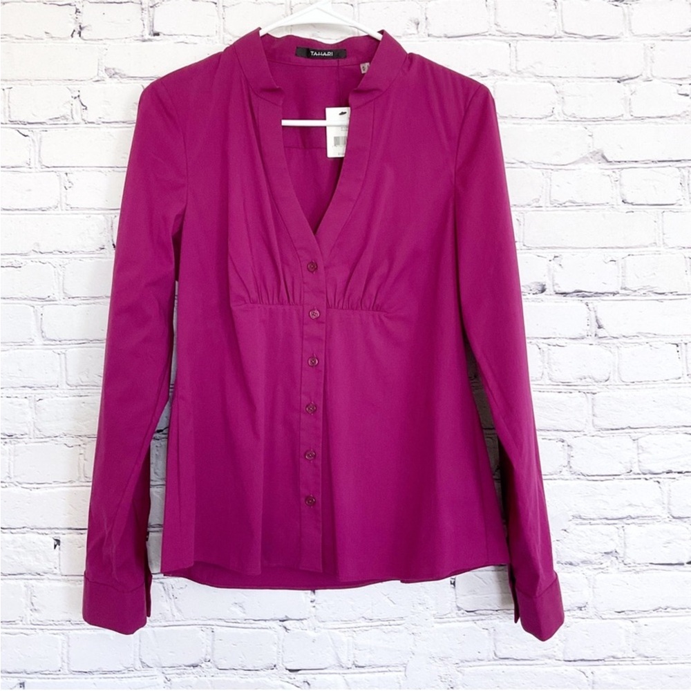 New Tahari Bella Shirt Button Down Purple V Neck Size Medium